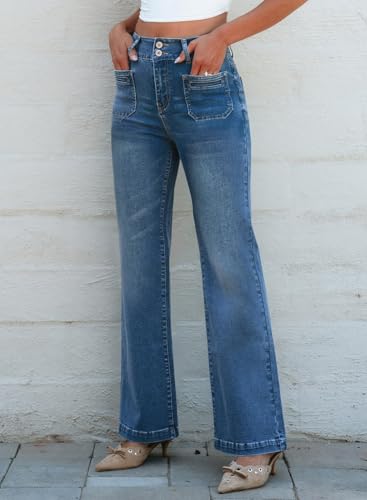 Sidefeel Women's Jeans Wide Leg High Waisted Straight Leg Fall Outfit Stretchy Denim Pants Blue Size 8