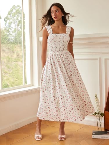 CIDER Womens Floral Summer Dresses Square Neck Sleeveless Midi A Line Casual Sundress Pink