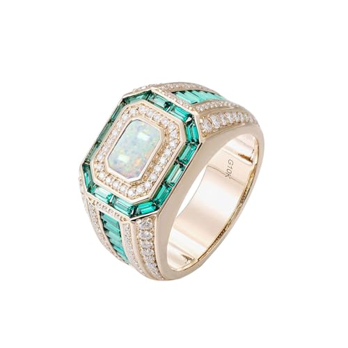 FYBIOD 10K 14K 18K Gold Men's Emerald Cut Opal Engagement Ring with Moissanites Luxury Design Opal Wedding Anniversary Ring for Men Husband Size 4-16
