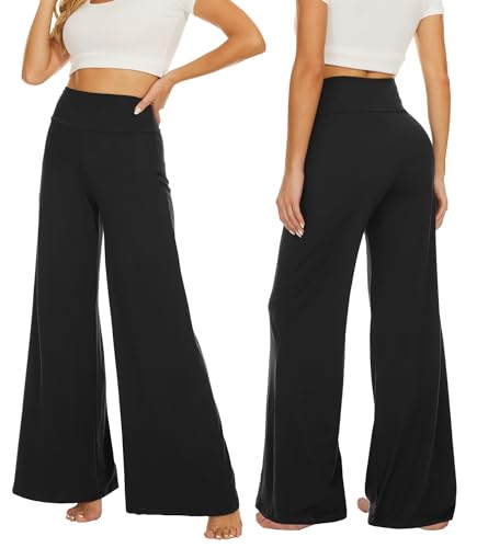 QGGQDD Wide Leg Palazzo Pants for Women - Casual Soft High Waist Lounge Pants Loose Comfy Stretchy Trousers Black