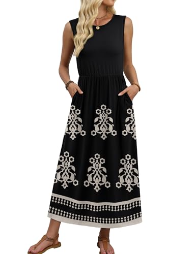 Summer Dresses for Women 2026 Vacation Boho Maxi Dress for Seniors Resort Wear 2026 Cruise Outfits Flowy Work Sun Dresses Modest Black XL