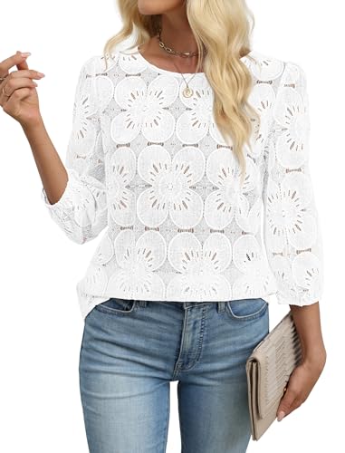 Sampeel Womens Tops 3/4 Length Sleeve T Shirts Spring Summer Tops 2026 Trendy Western Outfits Lace Dressy Casual Blouses Ladies Beach Vacation Clothes Boho Fashion Clothing Winter White M