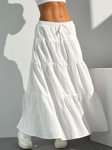 DERAX Women's Boho Flowy Maxi Skirts Elegant Flared Ruffle Hem Elastic High Waisted Summer Fall A Line Long Skirts White S
