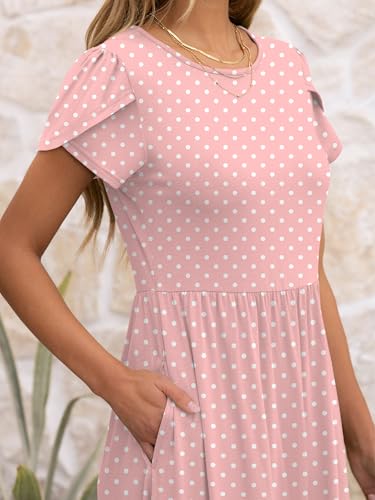 ANRABESS Women's Summer Short Sleeve A-Line Midi Dresses Casual Floral T-Shirt Dresses Flowy Beach Sundress with Pockets Pink Round Dot Medium