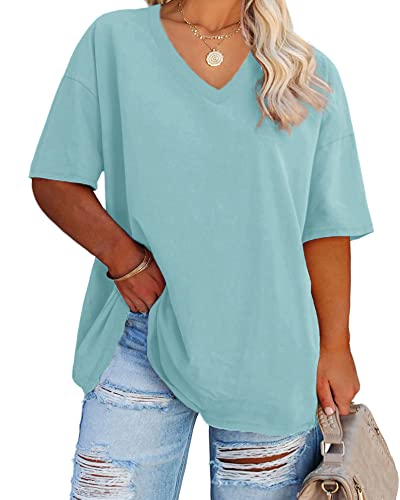Fisoew Women's Plus Size V Neck T Shirts Summer Half Sleeve Oversized Tees Casual Loose Fit Tunic Tops Light Blue