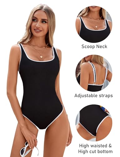 BMJL Women's One Piece Swimsuit Sports Adjustable Strap Bathing Suit Color Block Ribbed High Cut Swimsuits(M,Black)