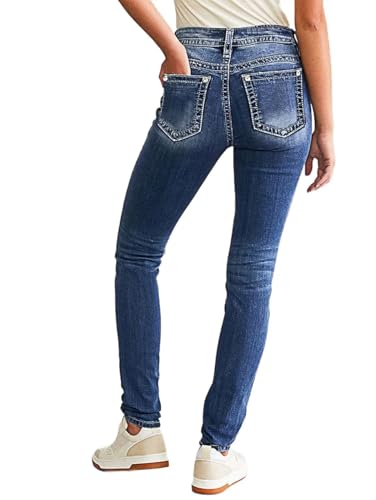 Flamingals Women's Butt Lifting Skinny Leg Jeans Stretchy Tummy Control Mid Rise Denim Jeans Deep Blue Denim L