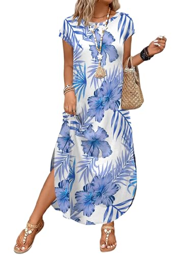WIHOLL Summer Dresses for Women 2026 Maxi Long Casual Dress Flowy Beach Vacation Clothes Travel Cruise Outfits Resort Wear Swimsuit Cover up Floral Hawaiian Tropical Dress L