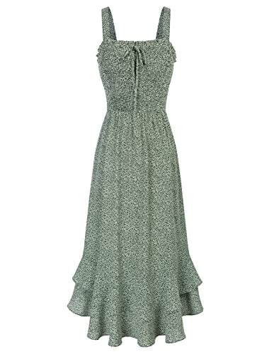 GRACE KARIN Women's 2025 Summer Floral Boho Dress Square Neck Strapped Swing A Line Sundress Beach Long Maxi OutfitsGreen M