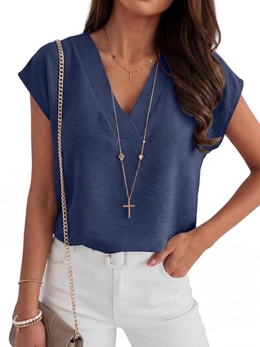 ANRABESS Women Tops Cap Sleeve Dressy Casual V Neck Shirts 2026 Summer Business Work Blouses Outfits Trendy Spring Clothing Navy Blue Medium