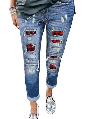 American Flag Pants - Astylish Womens Plaid Patch Ripped Boyfriend Distressed Stretch Skinny Denim Jeans with Hole E01 Blue