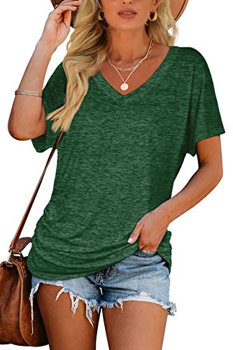 WIHOLL Womens Summer Tops Dolman Short Sleeve V Neck T Shirts Spring Tops Business Casual Outfits Vacation Loose Fit Tshirts Fashion Clothing Solid Color Green L