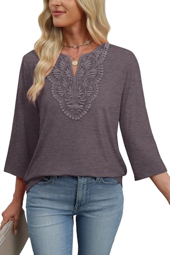 WIHOLL 3/4 Length Sleeve Womens Tops for Women Trendy Plus Size Womens Clothing V Neck T Shirts for Women Blouses Spring Top for Women 2026 Beach Vacation Clothes Lace Cute Tops Purple 2XL