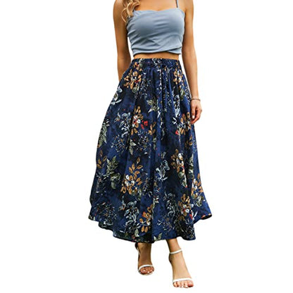 Abaadlw Maxi Skirts for Women with Pockets Long Midi Length Casual Skirt for Beach Party Holiday (A31 Blue Floral L)