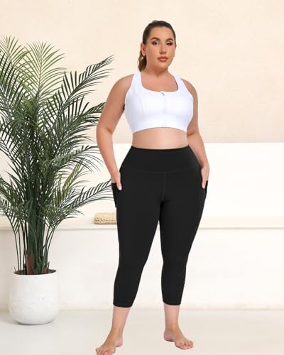 Plus Size Capri Leggings for Women with Pockets, Black Workout Capris Tummy Control, Stretch Yoga Pants High Waisted, Thick Gym Compression Activewear, Athletic Exercise Cropped Petite Leggings 3XL