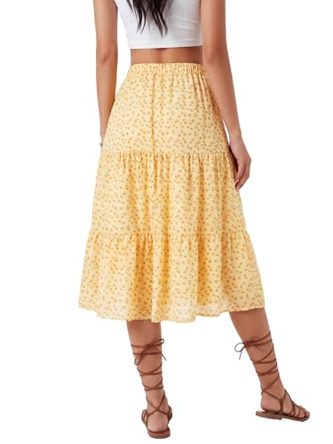LYANER Women's Floral Print High Waisted A Line Tiered Ruffle Boho Swing Midi Skirts with Pockets Light Yellow Floral Print Small