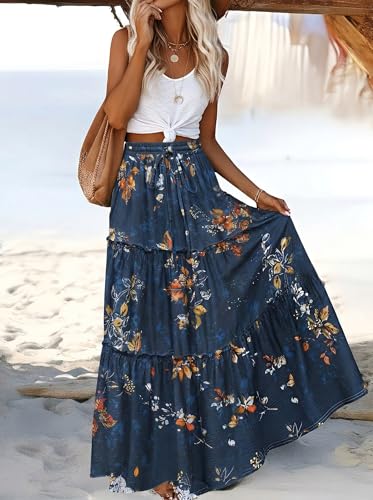 Zeagoo Womens Elastic High Waisted Skirts with Pockets Summer Long Maxi Skirts Women's Floral Printed A Line Skirts Womens Flowy Boho Tiered Skirts XL