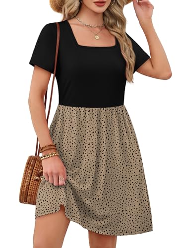 OFEEFAN Casual Dresses for Women 2026 Square Neck Leopard Print Dress Summer Dresses Short Sleeve T Shirt Sundress Elegant Classy Business Casual Teacher Outfits with Pockets L
