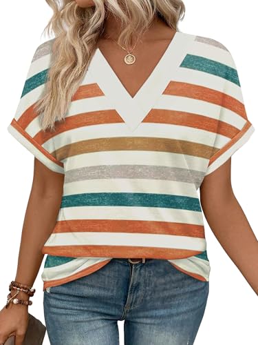 WIHOLL Plus Size Spring Clothes for Women 2026 Dressy Casual Short Sleeve Tops V Neck Shirts Business Beach Vacation Orange Stripes 2XL