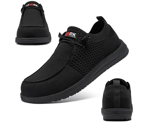 LARNMERN Slip On Steel Toe Shoes Men Lightweight Comfortable Walking Sneakers Safety Work Steel Toe Loafers(10.5 Men, Black)