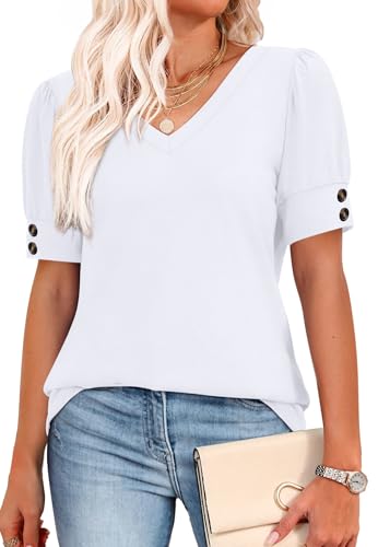 Womens Tops Short Sleeve Shirts with Buttons Spring Fashion Summer Outfits Plus Size White Blouses Dressy Casual Travel Cruise Essentials 2XL