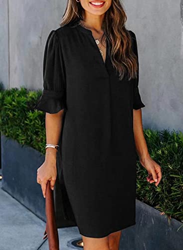 Wkior Summer Dress for Women Short Sleeve Solid Color Loose Casual Elegant Dress Black L