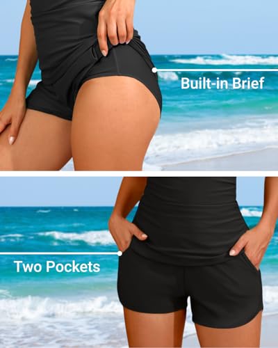 Women Black Stripe Tankini Swimsuits with Shorts - Two Piece Tummy Control Bathing Suits Top with Two Pockets Bottom Swimwear L