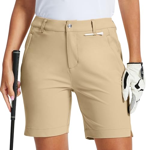 MoFiz Women's 7" Golf Shorts UPF 50+ Water-Resistant Hiking Shorts Running Casual Shorts with Zipper Pockets Khaki L