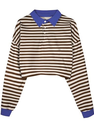 Natalie Winters Dress - Remidoo Women's Collared Half Button Long Sleeve Striped Crop Top Sweatshirt Brown Blue-1
