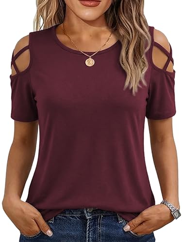 Jar of Love Women's Short Sleeve Cold Shoulder T Shirts Criss Cross Spring Summer Loose Fit Tops Going Out Tops Lady Casual Dressy Shirts 2026,M,Burgundy