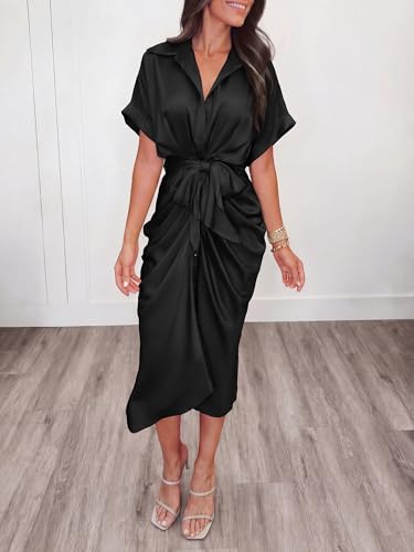 BTFBM Dresses for Women Summer Button Short Sleeve Silk Satin Ruched Spring Maxi Dress 2026 Cocktail Party Wedding(Black, Large)