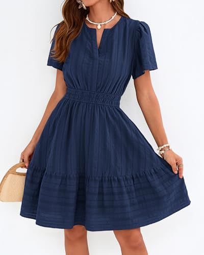 Womens Boho Mini Dress, Lightweight Cotton, V-Neck, Short Sleeve, Elastic Waist, Pockets – Navy Blue, Small
