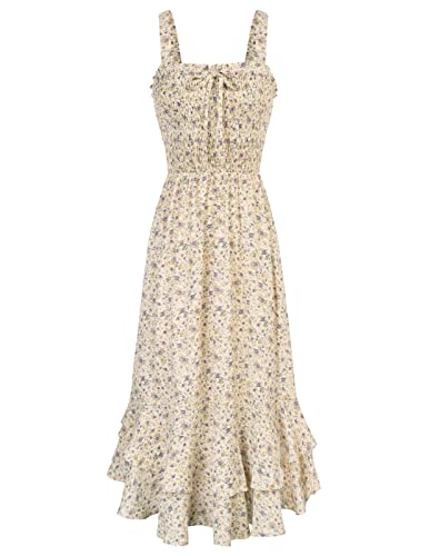 GRACE KARIN Women's 2025 Summer Floral Boho Dress Square Neck Strapped Swing A Line Sundress Beach Long Maxi OutfitsLight Yellow L