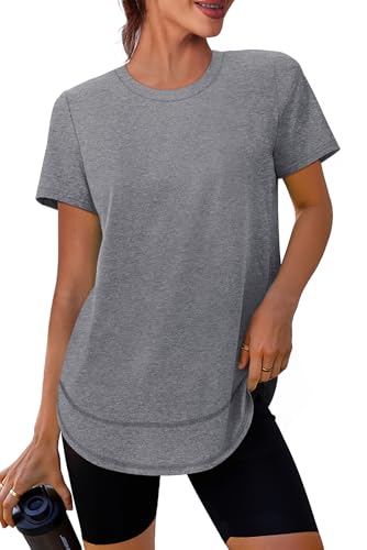 Summer Tops for Women 2026 Short Sleeve Workout Clothes Athletic Shirts Pilates Outfits Camisetas Deportivas para Mujer Grey L