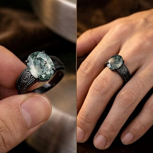 QHQPQ Mens Wedding Band 10K Gold Black Moss Agate Ring 925 Sterling Silver Moss Agate Engagement Ring Gothic Rings Birthday Christmas Gift for Boyfriend Father