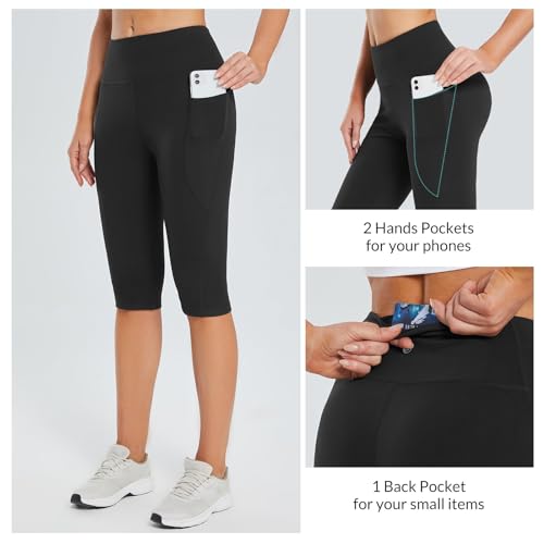 baleaf Capri Leggings for Women High Waisted Capri Pants with Pockets Knee Length Yoga Workout Casual Exercise Black L