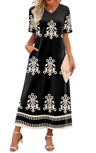 WIHOLL Dresses for Women 2026 Vacation Casual Maxi Summer Dress V Neck Cruise Outfits for Women Bohemia XL