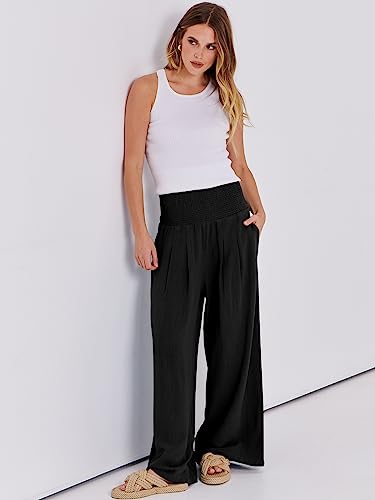 ANRABESS Women Linen Palazzo Pants Summer Boho Wide Leg High Waist Casual Lounge Pant 2026 Beach Travel Vacation Outfits Black Medium