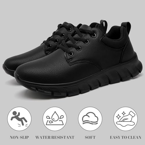 Mens Non Slip Work Shoes Waterproof Oil-Proof PU Leather Food Service Restaurants Kitchen Chef Shoes Comfy Walking Sneakers Lightweight Classic Stylish Casual Office Footwear A All Black
