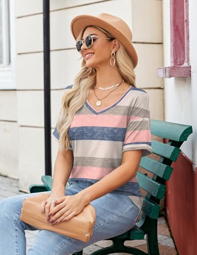 Zeagoo Women Shirts and Blouses Soft V Neck Short Sleeve Striped Pink Blue Loose Casual Summer Tops 2XL