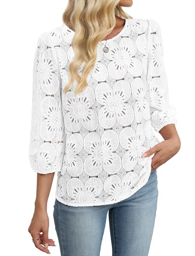 Sampeel Womens Tops 3/4 Length Sleeve T Shirts Spring Summer Tops 2026 Trendy Western Outfits Lace Dressy Casual Blouses Ladies Beach Vacation Clothes Boho Fashion Clothing Winter White M