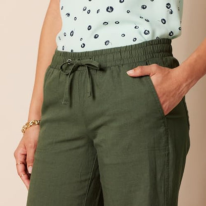 Amazon Essentials Women's Pull On Linen Blend Drawstring Relaxed Fit Wide Leg Pant, Dark Olive, Medium