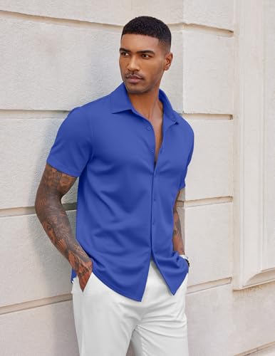 COOFANDY Men's Untucked Shirts Short Sleeve Regular Fit Summer Button Down Shirts Classic Blue XXL