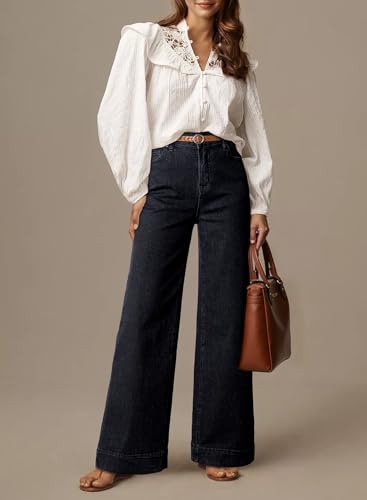 Dokotoo Womens Casual High Waisted Jeans for Women Straight Wide Leg Loose Stretch Denim Pants Black Size 6