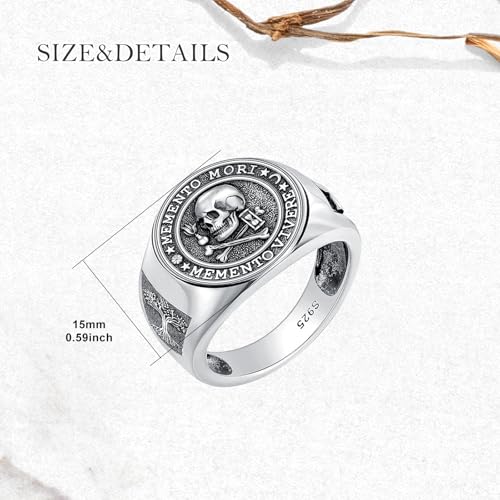 MEIDERBO Memento Mori Ring 925 Sterling Silver Gothic Skull Signet Rings Tree of Life for Men Stoic Jewelry Memento Vivere Gifts Size 13
