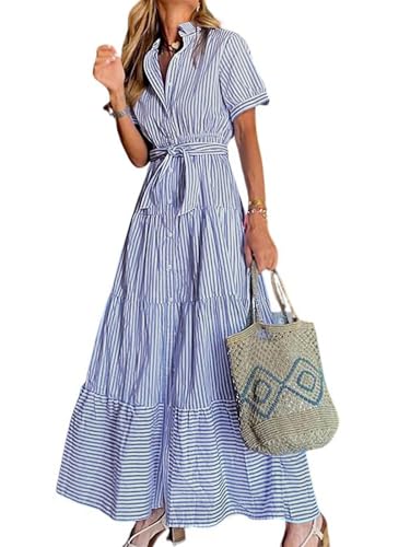 utcoco Womens Casual Short Sleeve Button Down Tie Waist Ruffled Striped Maxi Shirt Dress (Small, Blue)
