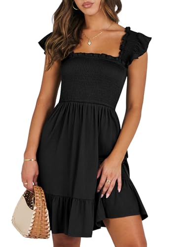 ANRABESS Women's Summer Casual Sleeveless Square Neck Dress 2025 Smocked Ruffle Backless Boho Beach Cute Teen Short Sundress Black Small