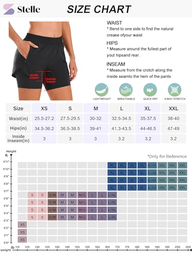 Stelle Women 2 in 1 Running Shorts High Waisted Athletic Shorts Gym Workout Shorts with Liner Zipper Pockets (Black, M)