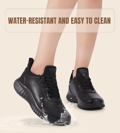 SHULOOK Non Slip Work Shoes for Women Food Service Water Resistant Sneakers Waterproof Kitchen Chef Restaurant Lace Up Walking Lightweight Comfortable Nursing Working Footwear Black Size 7.5