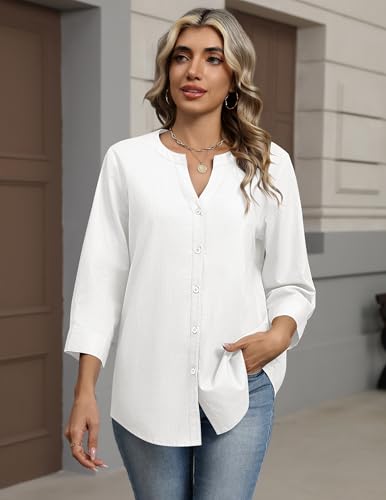 Zeagoo White Button Down Shirt Women 3/4 Sleeve Linen Button Up Blouse Cotton Tops Dressy Casual Outfits 2026 White L